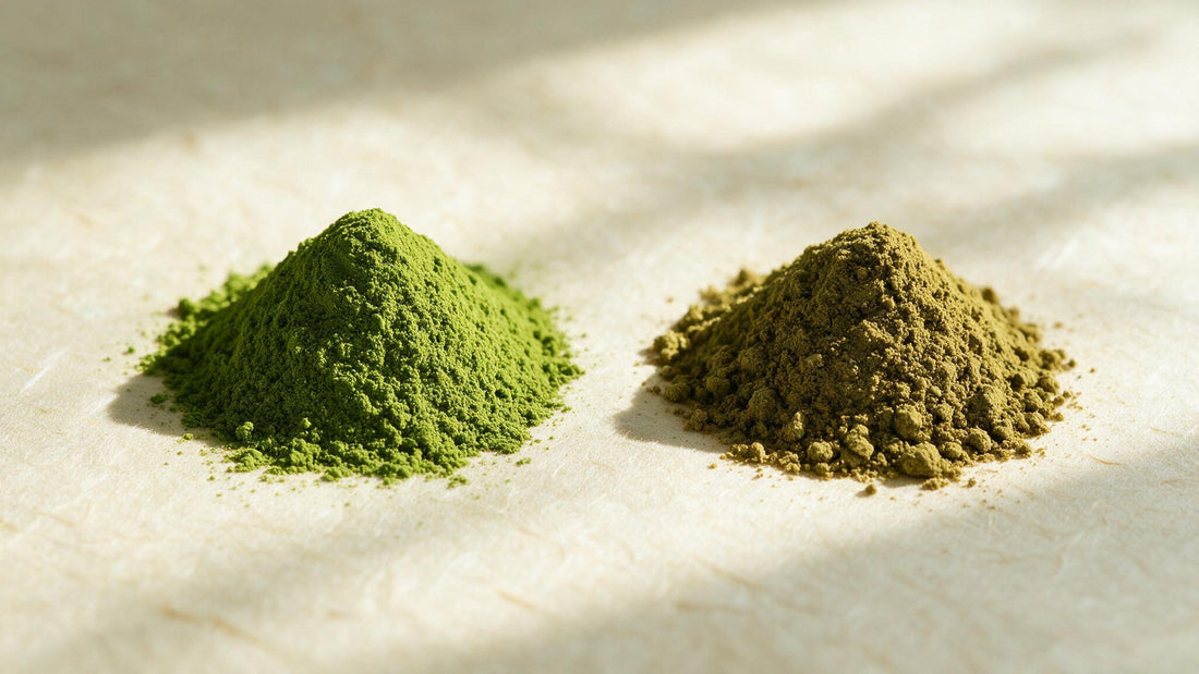 Two mounds of matcha compared: vivid green and dull olive