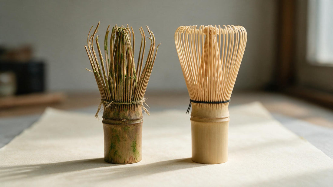 A worn bamboo chasen beside a brand new one