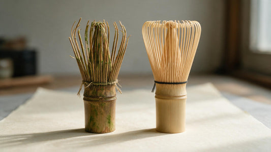 A worn bamboo chasen beside a brand new one