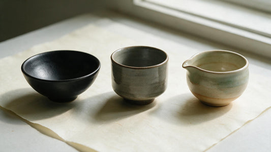Three matcha bowls of different shape and glaze side by side