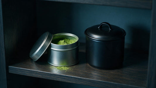 An airtight matcha tin and a caddy stored on a dark shelf