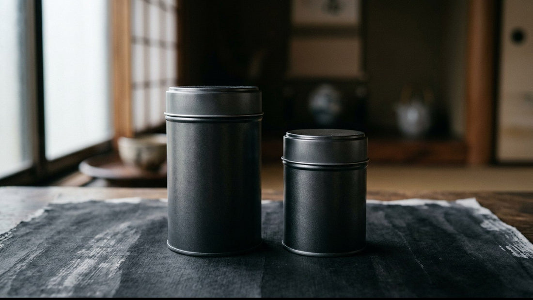 Two sealed matcha tins of different sizes side by side on a dark surface