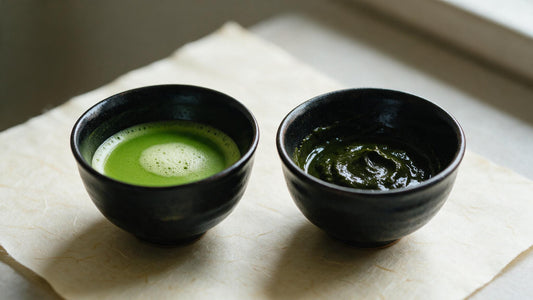 Two bowls side by side: frothy thin tea and thick dark koicha