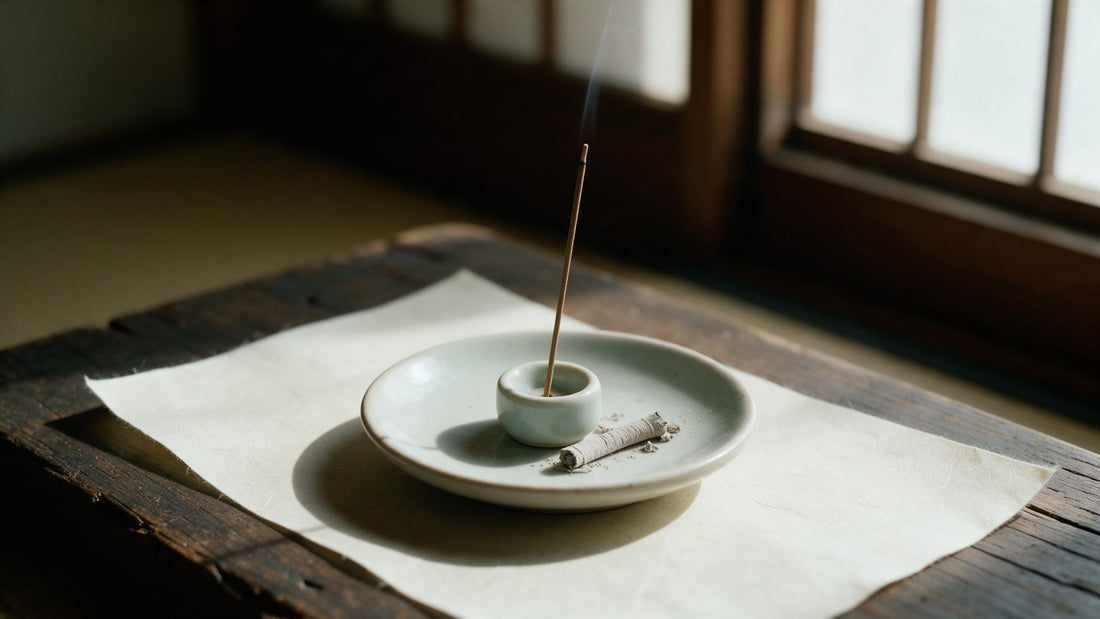 A thin Japanese incense stick burning in a small celadon holder, with a collapsed column of pale ash lying on the dish beside it
