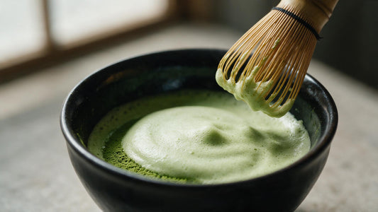 Thick fine foam on a bowl of matcha as the whisk lifts away