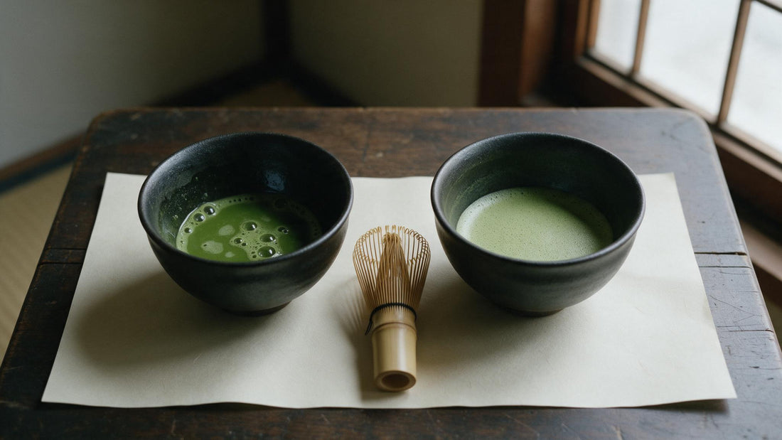 Two black Mino-yaki bowls of thin tea seen from above, one half whisked and glossy, the other finished with an even matte veil of fine foam