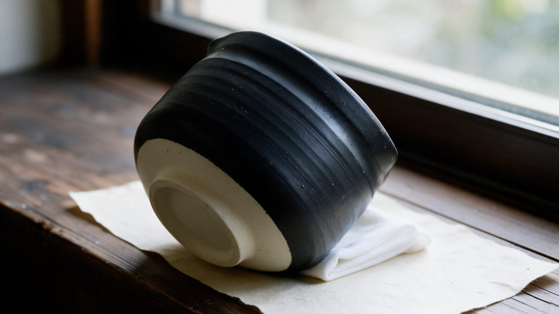 A black Mino-yaki matcha bowl propped on its side to dry by a window, the bare pale cream foot ring facing the air
