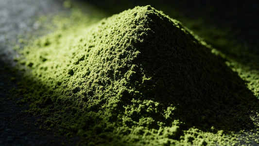 Close-up of fine, bright green matcha powder