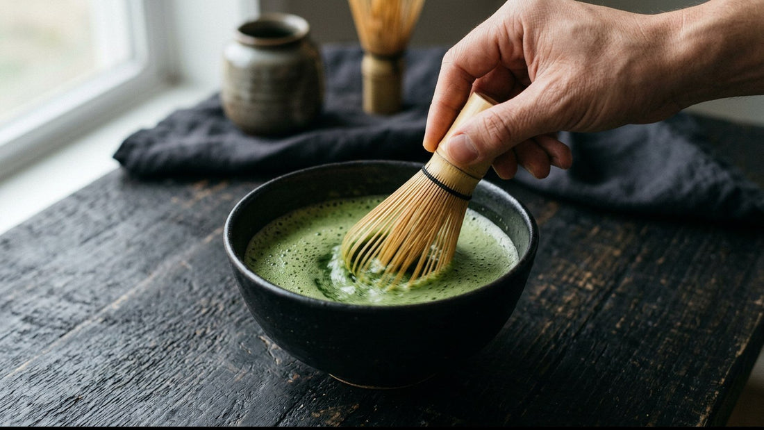 A hand whisking matcha in a black tea bowl, the bamboo whisk caught mid-motion