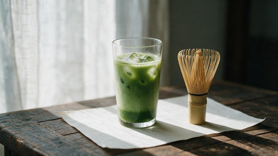 A tall glass of iced matcha on washi with a bamboo chasen standing beside it