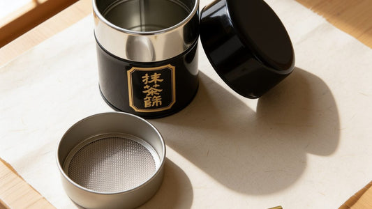 A black tin matcha sifter opened on washi paper, its lid set aside and the shallow round mesh tray lifted out