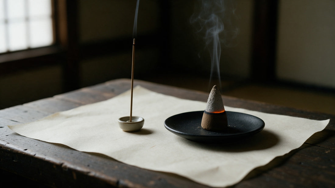 A thin Japanese incense stick beside a half-burned cone on a black dish, the cone ash still holding its shape above a glowing ring