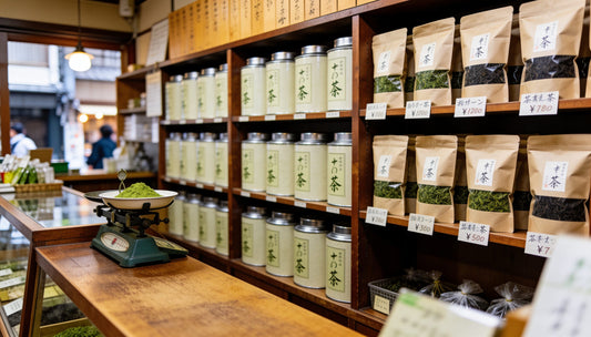 Shelves of tea tins and packets in a tea shop in Tokyo