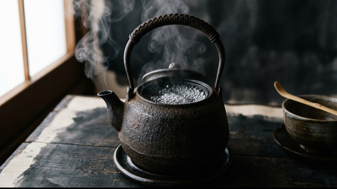 An iron kettle steaming on a dark wooden table beside a tea bowl and a bamboo scoop, water just off the boil