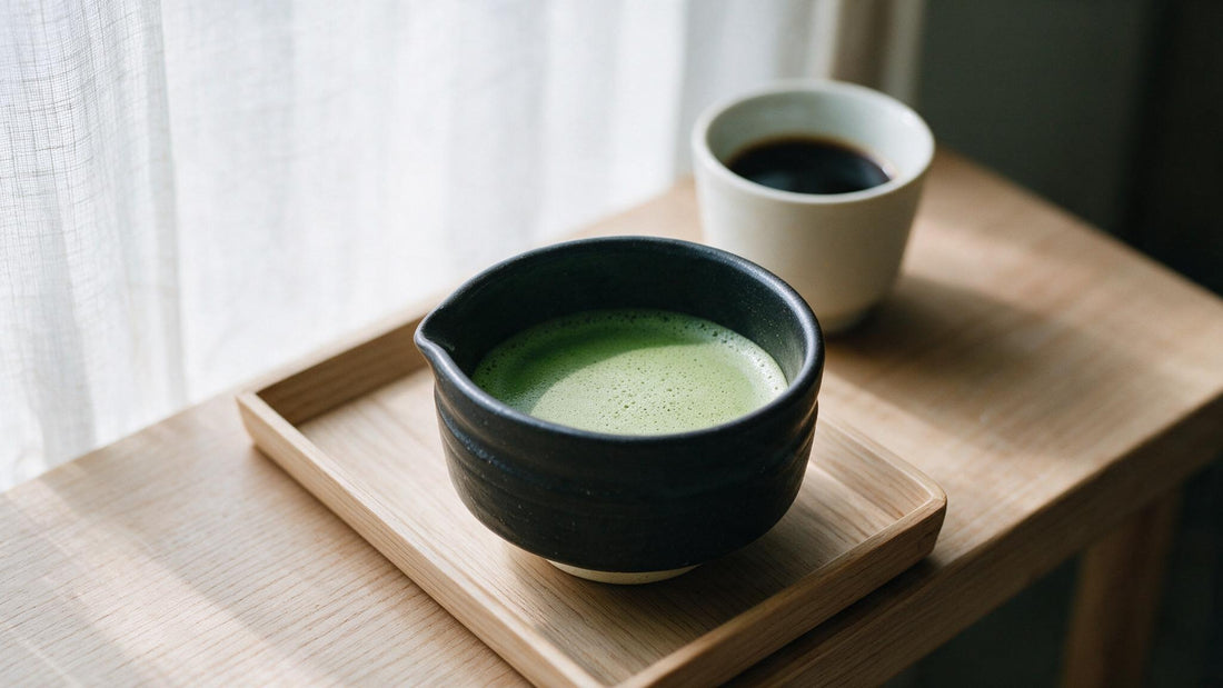 A bowl of whisked thin tea on a wooden tray, a cup of black coffee behind
