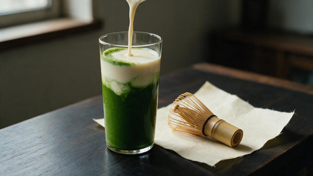 Milk being poured into a tall glass of iced matcha, a bamboo chasen resting on washi paper beside it