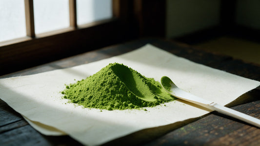 A mound of stone-milled matcha powder on cream washi paper beside a bamboo scoop, with no tin or label in the frame
