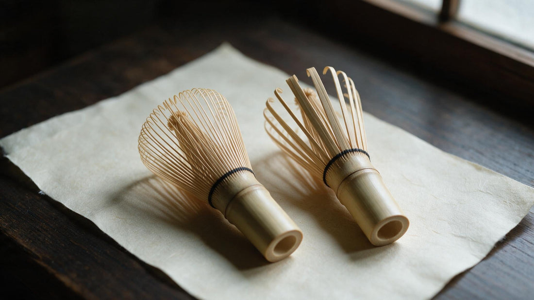 Two bamboo chasen side by side: one with fine dense tines, one with thicker coarse tines