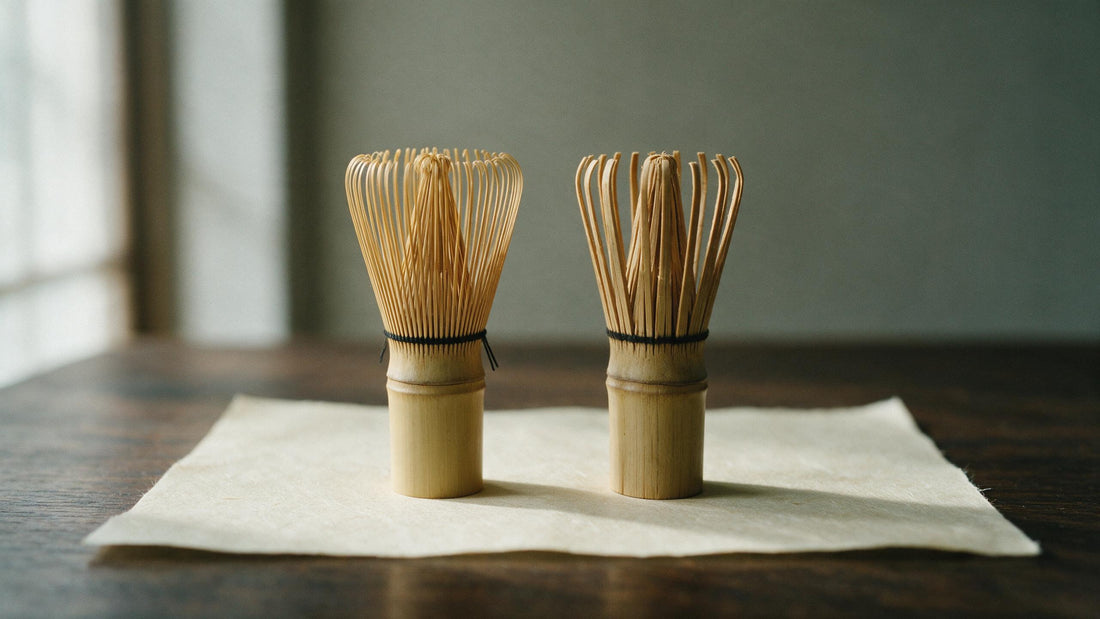 Two bamboo matcha whisks side by side, a fine hand-cut one and a coarse one