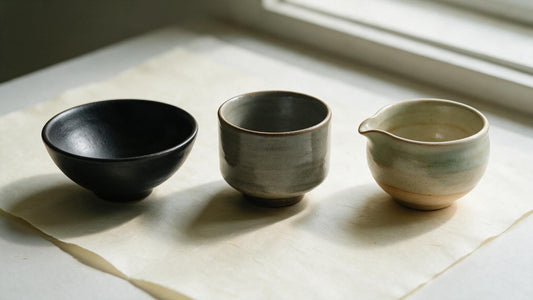 Three matcha bowls of different shape and glaze side by side