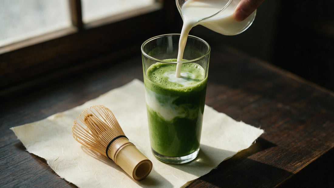 Milk poured into a tall glass of whisked matcha, a bamboo whisk resting beside it