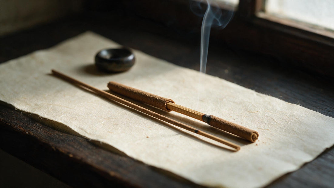 A thin coreless Japanese incense stick beside a thicker stick rolled on a bamboo core