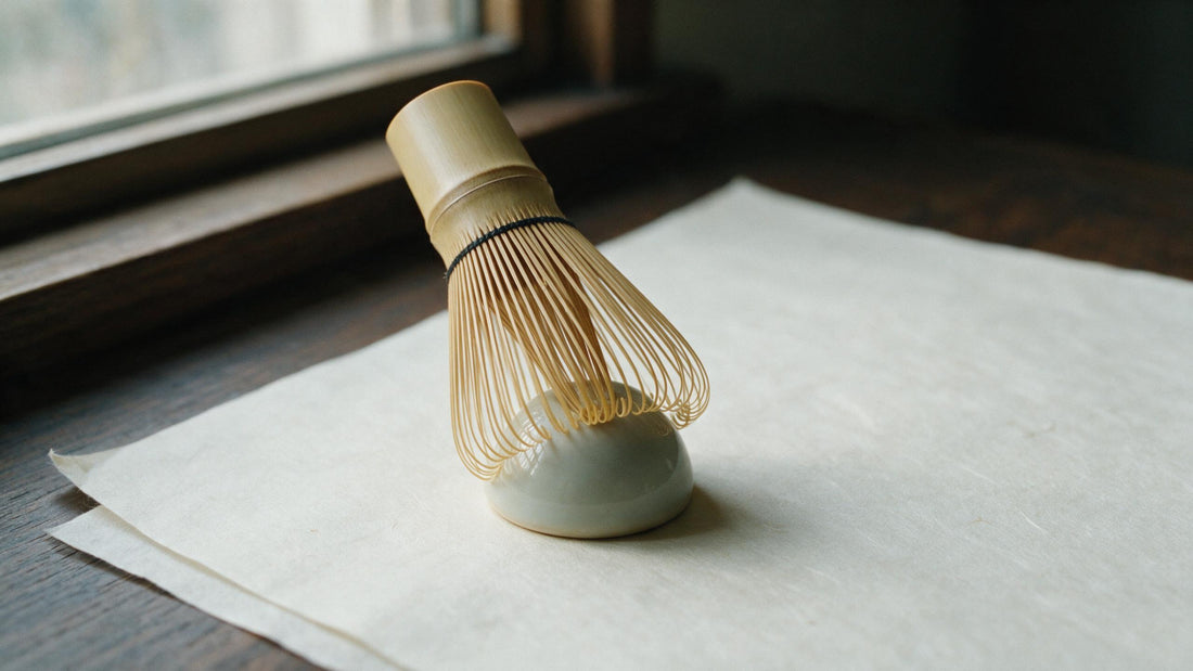 Bamboo matcha whisk resting upside down on a ceramic whisk holder