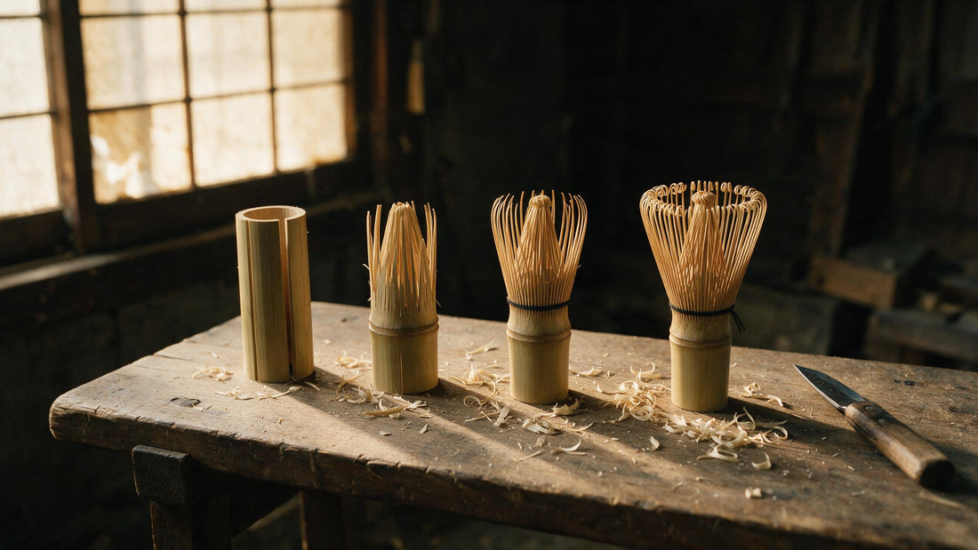 Bamboo matcha whisks at four stages of making on a Takayama workshop bench