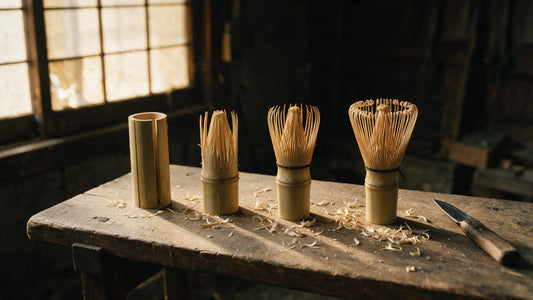 Bamboo matcha whisks at four stages of making on a Takayama workshop bench
