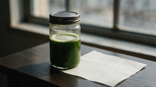 A sealed glass jar of whisked matcha on a dark wood table beside a sheet of washi, no whisk in sight