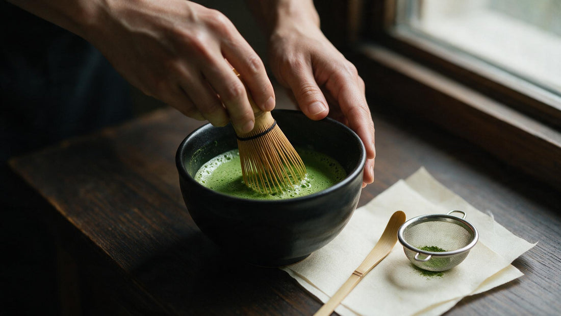 Hands whisking matcha in a black bowl by a window, a sifter and scoop resting on washi beside it