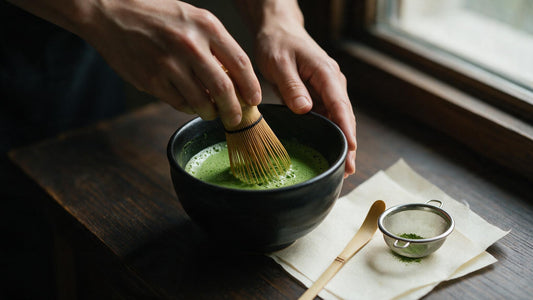 Hands whisking matcha in a black bowl by a window, a sifter and scoop resting on washi beside it