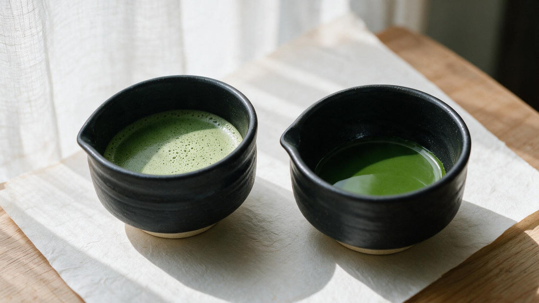 Usucha and koicha side by side: thin tea under fine foam, thick tea a smooth glossy pool