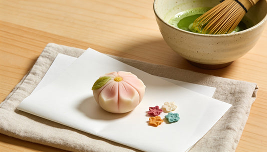 A nerikiri sweet and small dry sweets on kaishi paper beside a bowl of whisked matcha
