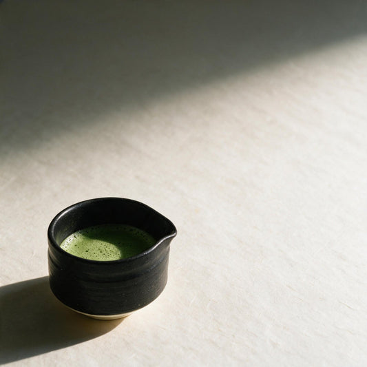 A single bowl of whisked matcha in a black spouted bowl, alone in a wide band of morning light