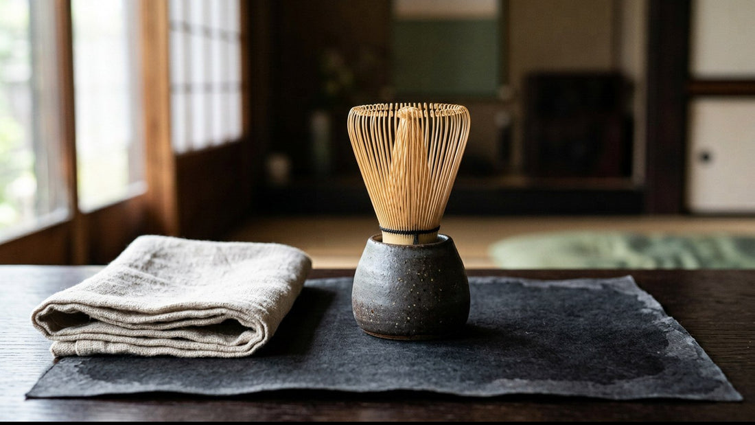 A bamboo matcha whisk resting on its ceramic stand