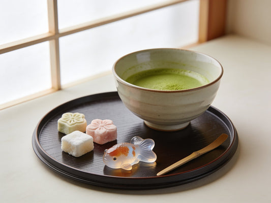 Small dry Japanese sweets on a dark tray with a wooden pick, beside a bowl of matcha by a window