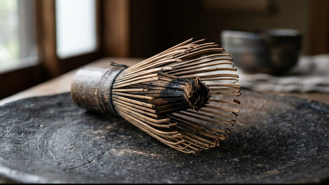 A well-used bamboo matcha whisk lying on its side, its tines darkened and curled with use