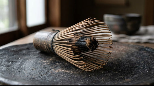 A well-used bamboo matcha whisk lying on its side, its tines darkened and curled with use