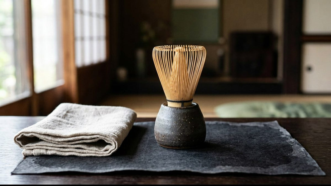 A bamboo tea whisk standing on its ceramic shaper beside a folded linen cloth, in a room with paper screens