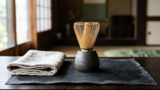 A bamboo tea whisk standing on its ceramic shaper beside a folded linen cloth, in a room with paper screens