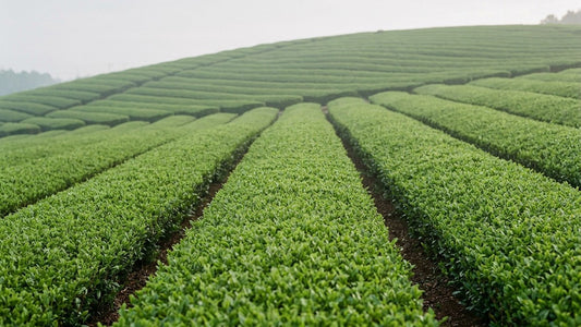 Rows of shaded tea bushes in a Uji tea field under a pale morning sky