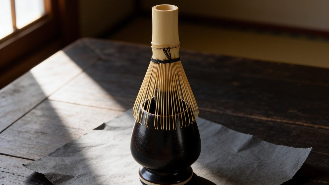 A bamboo matcha whisk drying head down on a dark ceramic whisk stand, on washi paper by a window