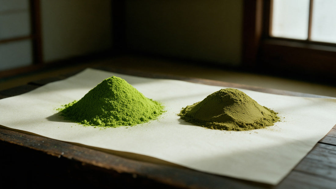 Two mounds of matcha powder side by side on cream washi paper, one brilliant jade green and one dulled to olive-brown