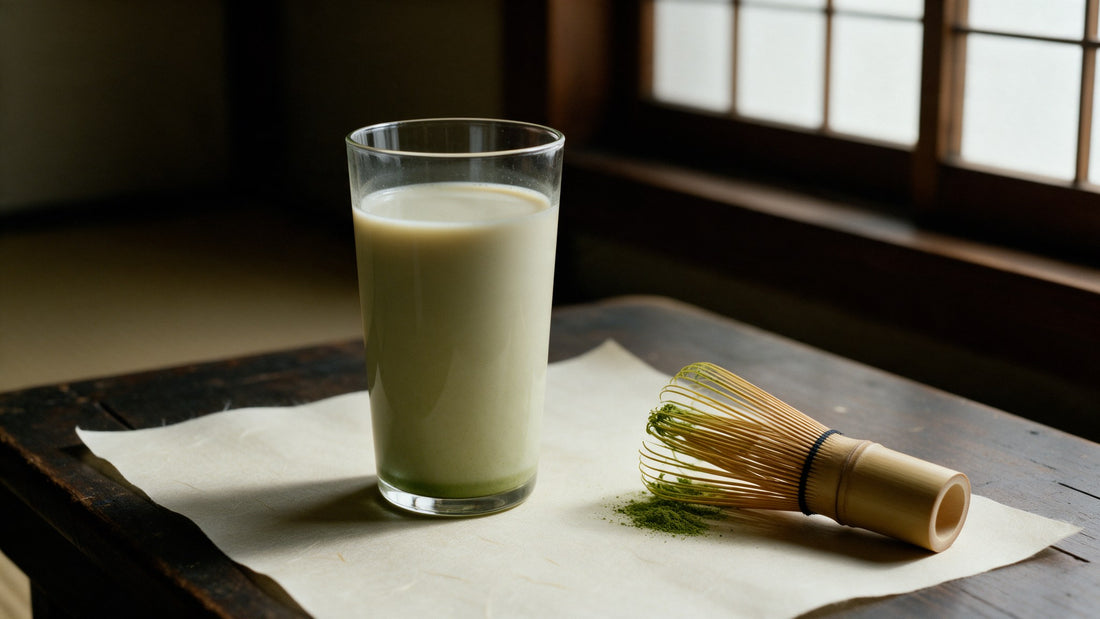 A tall glass of pale, milky matcha latte beside a bamboo whisk still carrying bright green powder on its tines
