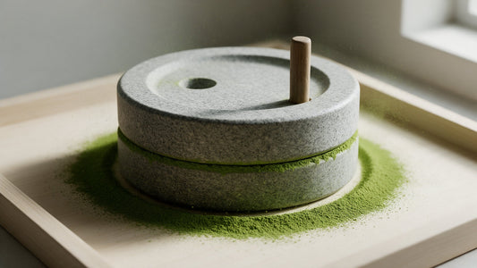 A Japanese chausu, the granite stone mill used for matcha: two flat stacked discs with a wooden handle, bright green powder seeping out all around the seam onto a wooden tray