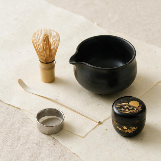 Complete Japanese tea ceremony set with chasen, chawan, chashaku, sifter and natsume