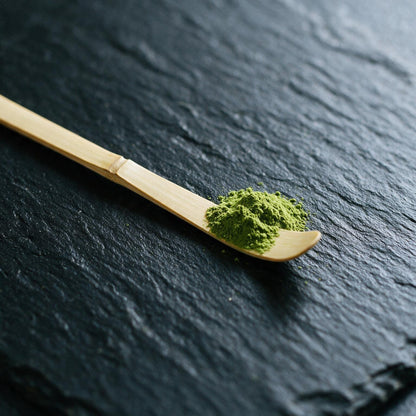 A chashaku holding one scoop of matcha, about one gram; the end is almost flat, so two scoops make a bowl