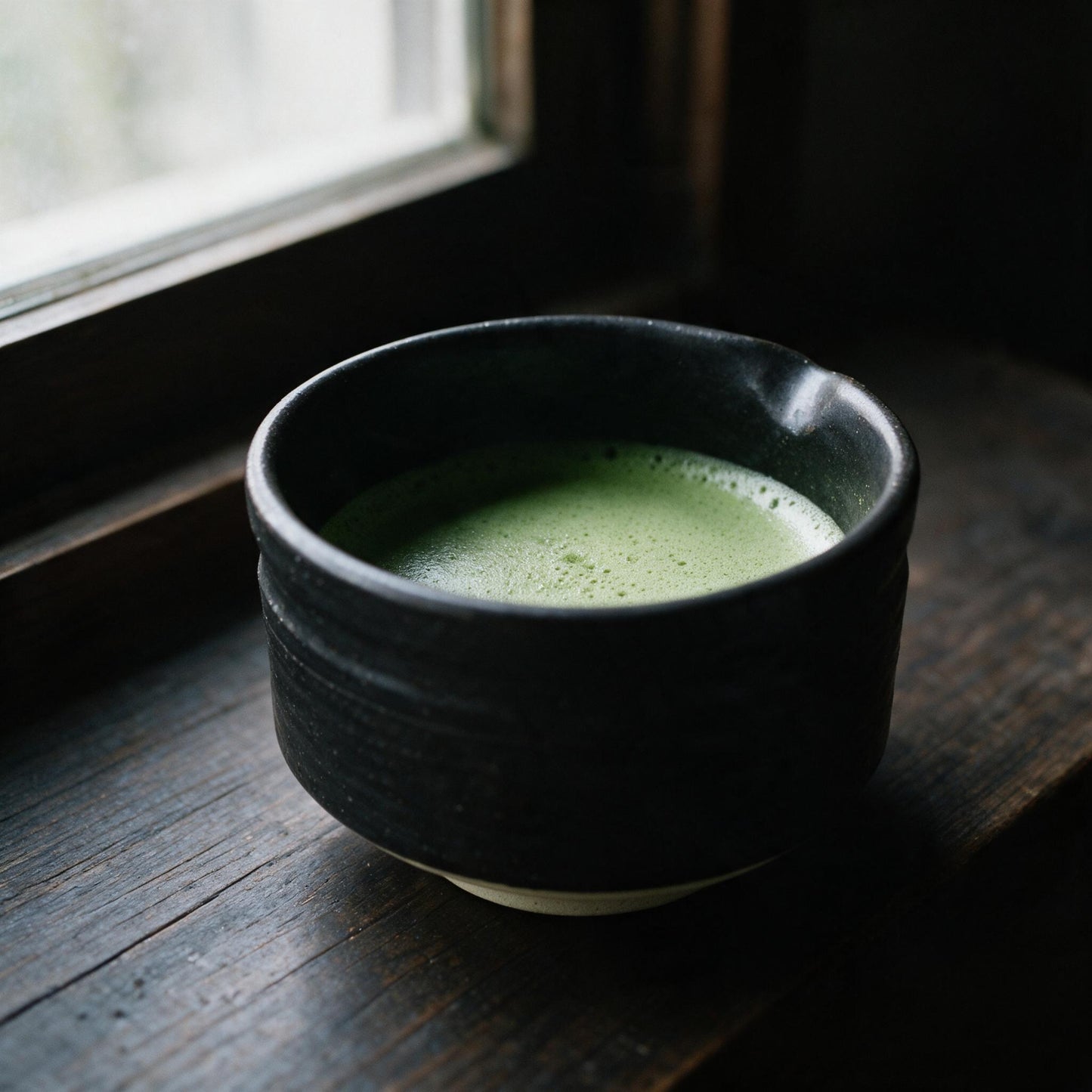 Mino-yaki chawan of thin tea on aged wood