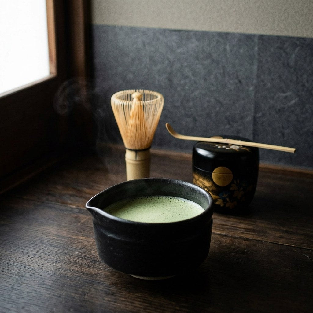 A bowl of freshly whisked thin matcha in the black spouted Mino-yaki bowl, with the Takayama whisk and the maki-e tea caddy behind it